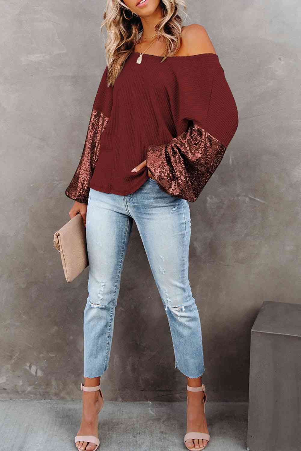 Two Way Any Place Punch Sequin Waffle-Knit Blouse