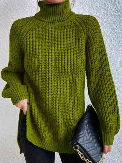 Full Size Turtleneck Rib-Knit Old Classic Forever Slit Sweater