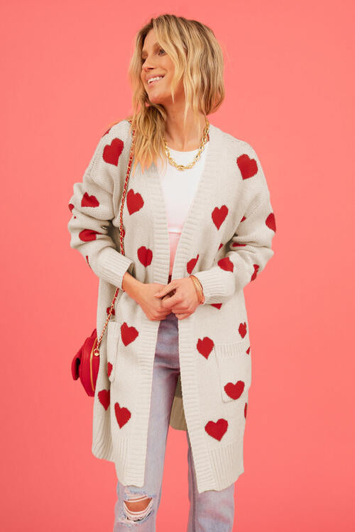 Heart Graphic Patterned Open Front Cardigan with Pockets