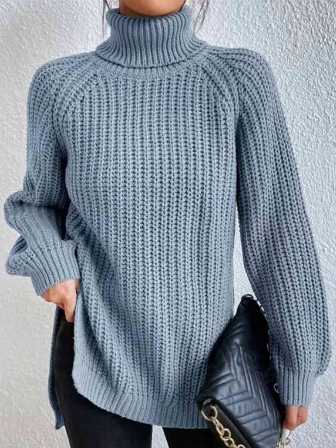 Full Size Turtleneck Rib-Knit Old Classic Forever Slit Sweater