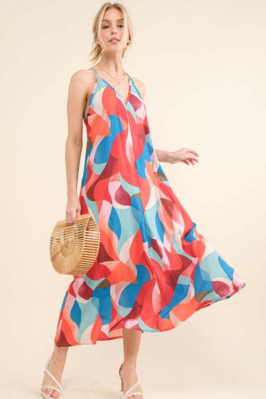 Red And Blue Printed Crisscross Back Cami Dress