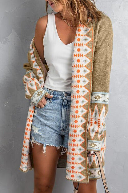 Geometric Indian Pattern Open Front Long Sleeve Cardigan