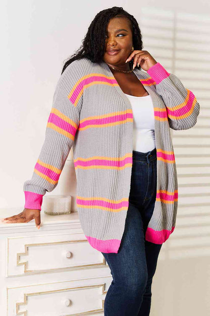 Pink and Orange Woven Stripe Right Ribbed Long Sleeve Cardigan