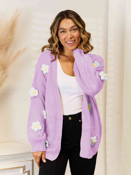 Daisy Flower Dropped on Shoulder Open Front Cardigan