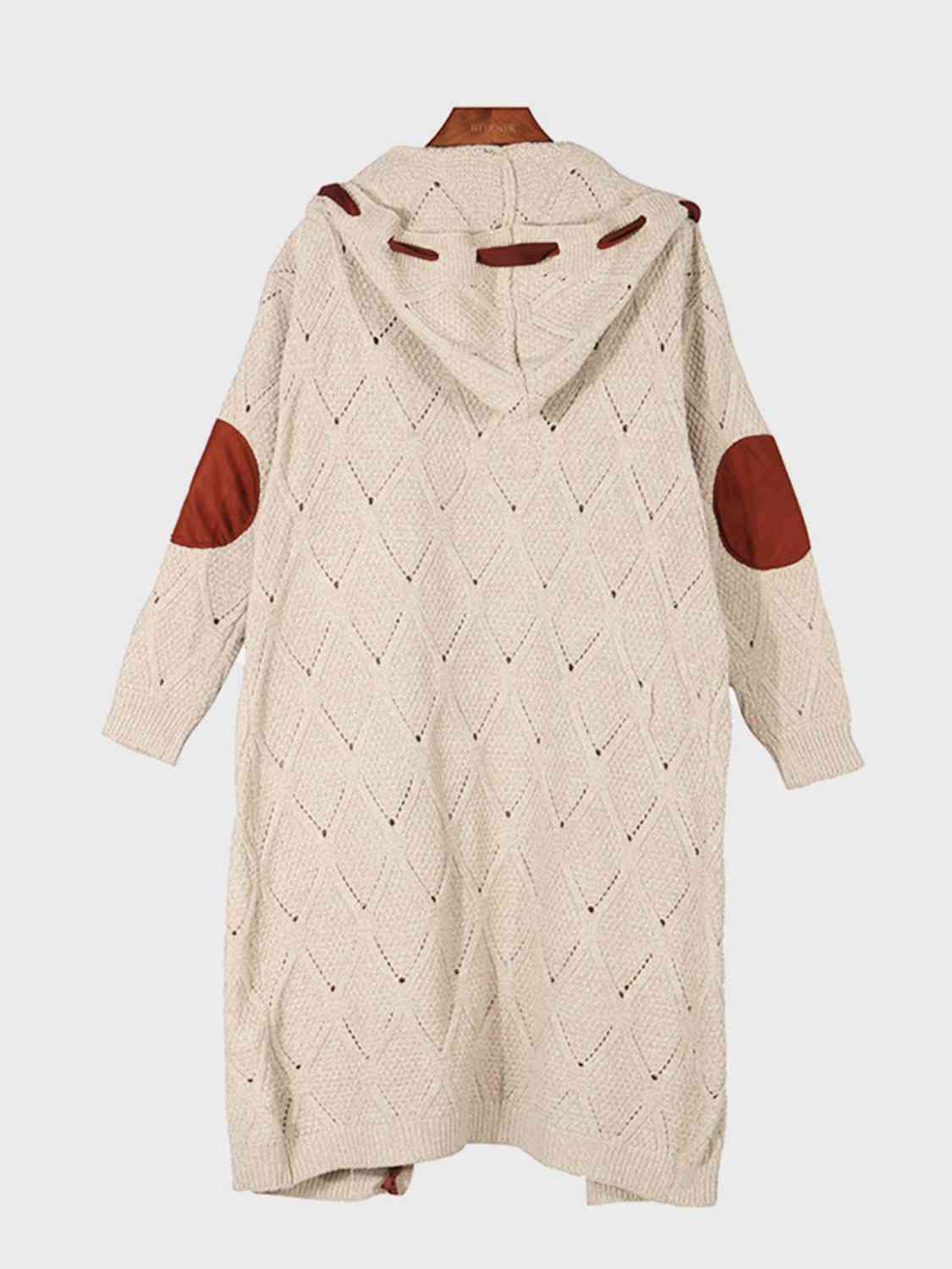 Natural Stylish Openwork Long Sleeve Open Front Hooded Cardigan