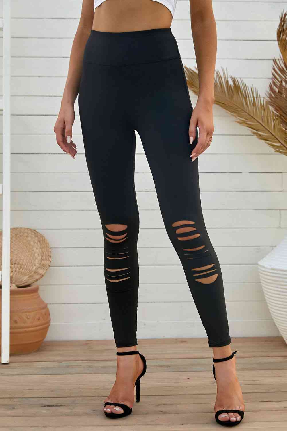 Cutting edge trim Double Take Wide Waistband Distressed Slim Fit Leggings