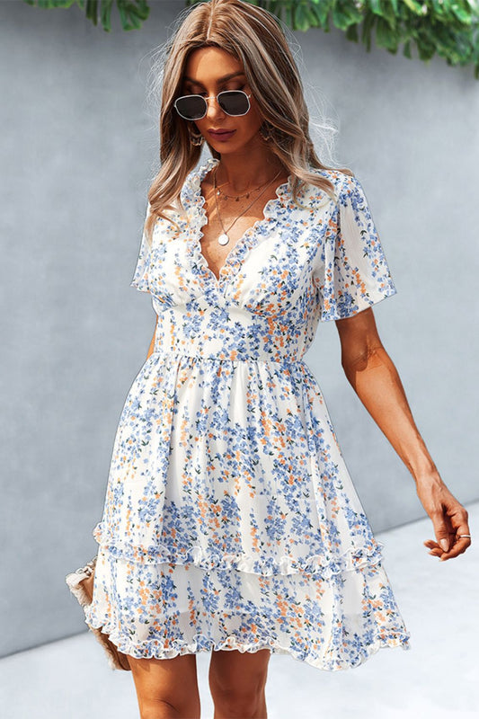 Summer light weight Printed Flutter Sleeve V-Neck Dress