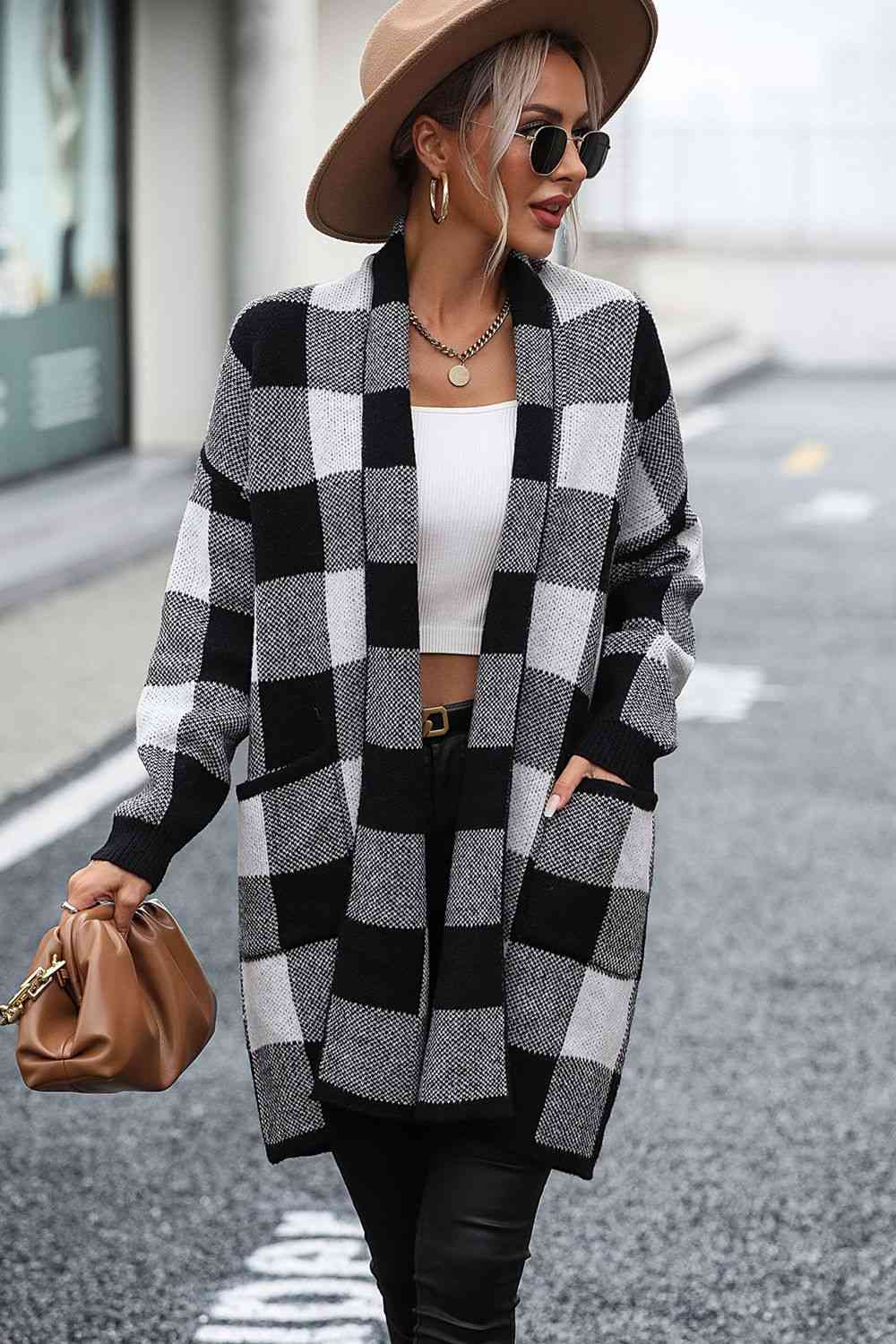 Big Plaid Dropped Shoulder Cardigan with Pocket