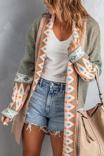 Geometric Indian Pattern Open Front Long Sleeve Cardigan