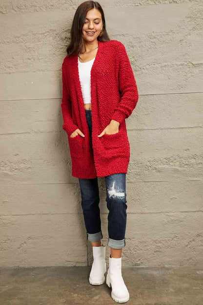 Deep Red Zenana Falling puff fur Full Size Open Front Popcorn Cardigan