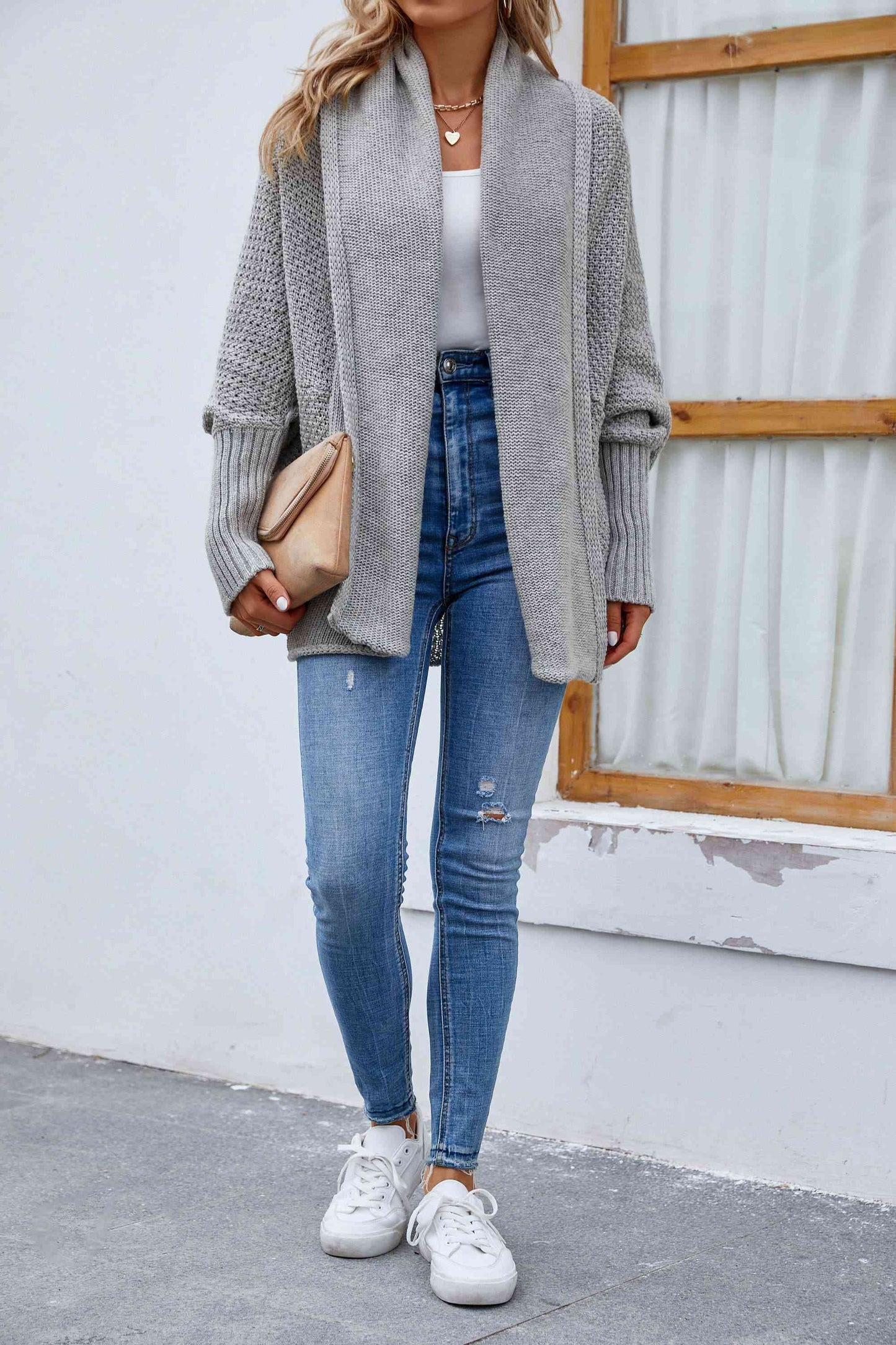 Deep Double Layered Shoulder Feeling Open Front Long Sleeve Cardigan