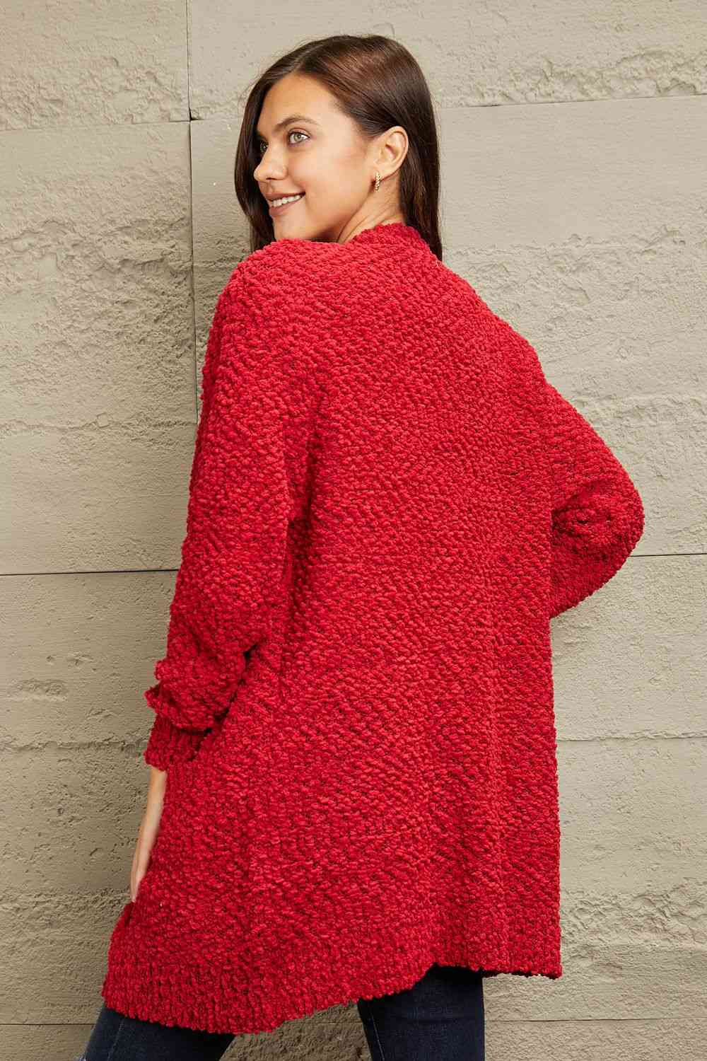 Deep Red Zenana Falling puff fur Full Size Open Front Popcorn Cardigan