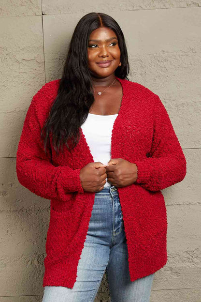 Deep Red Zenana Falling puff fur Full Size Open Front Popcorn Cardigan