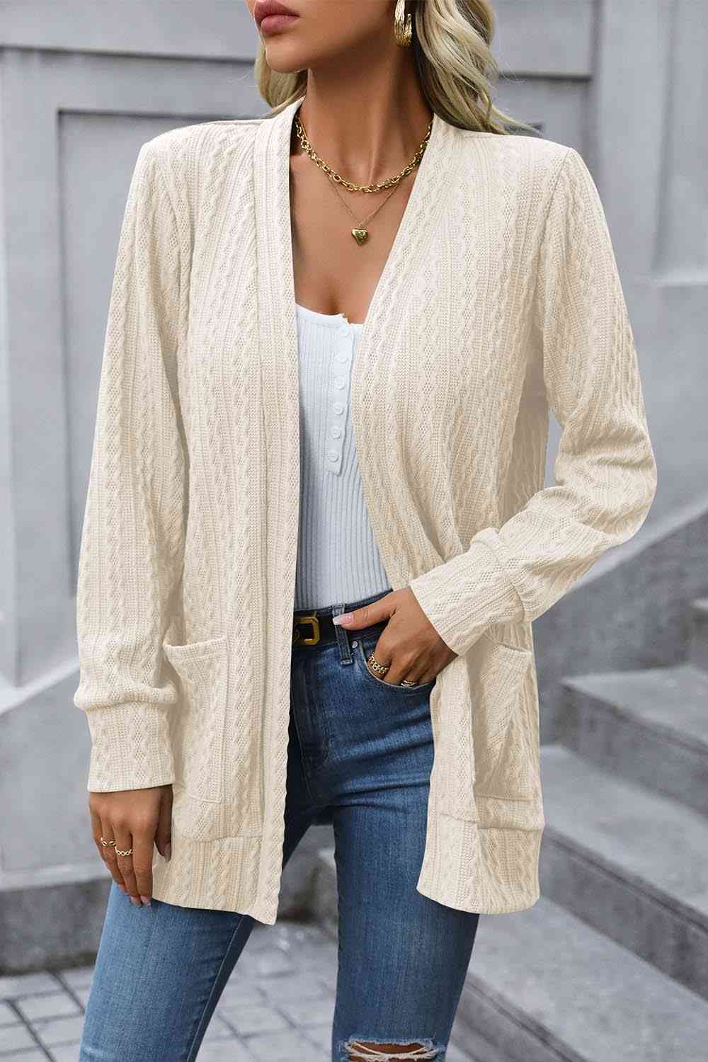 Tiny Basic Cable-Knit Long Sleeve Cardigan with Pocket