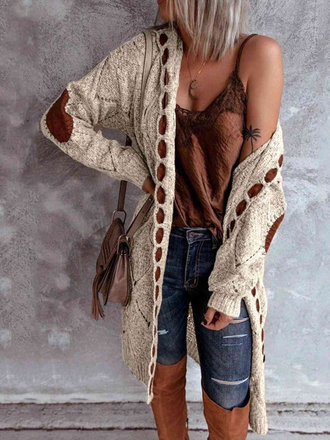 Natural Stylish Openwork Long Sleeve Open Front Hooded Cardigan