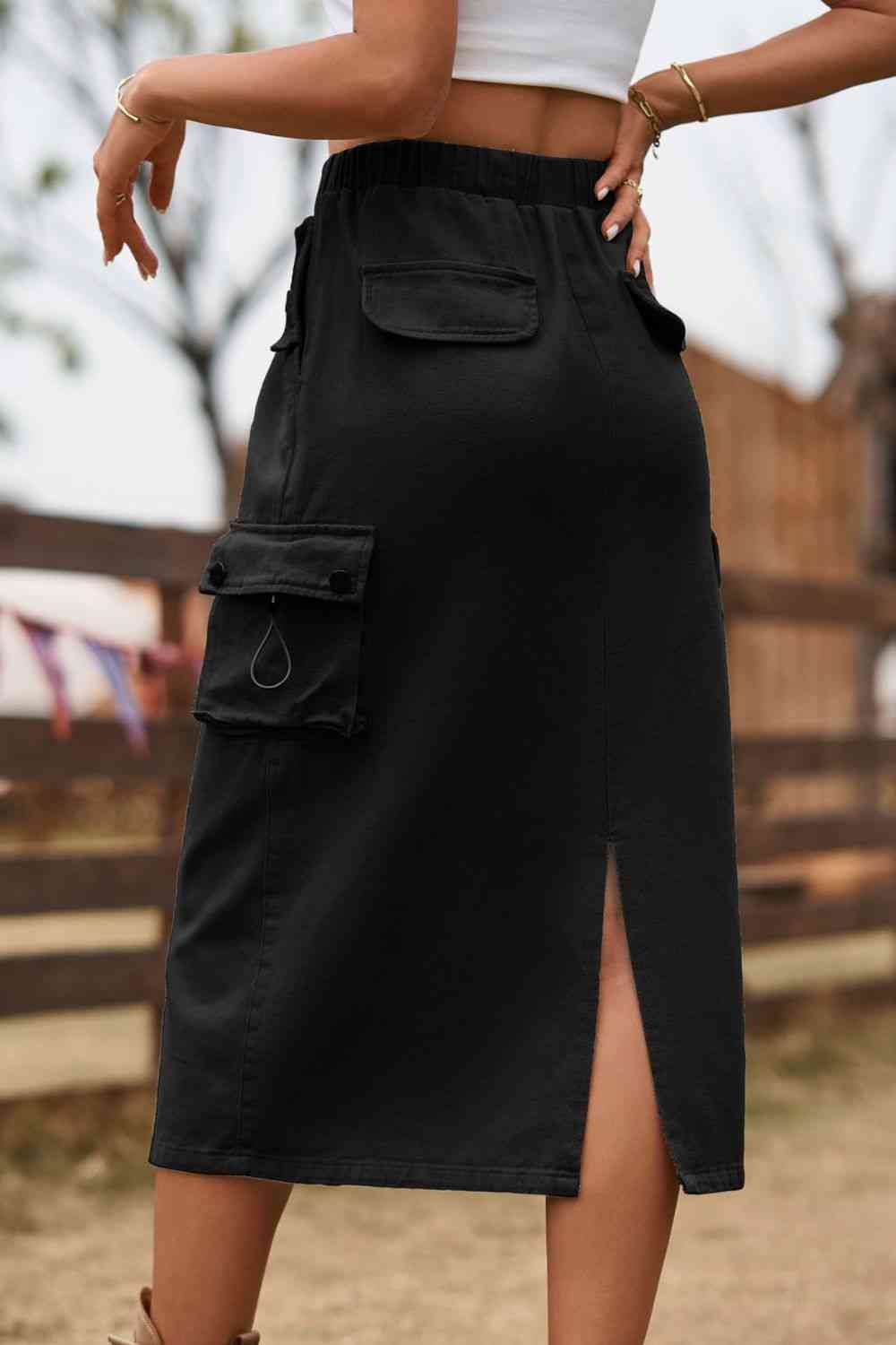 Tan/Green/ Black Pocket Drawstring Waist Slit Denim Skirt