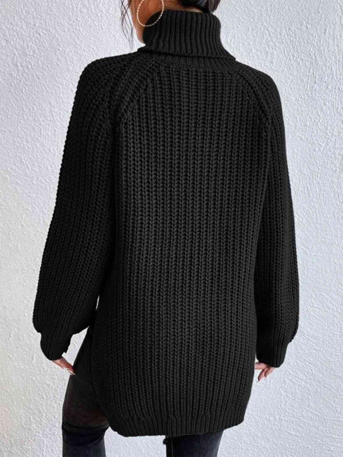 Full Size Turtleneck Rib-Knit Old Classic Forever Slit Sweater