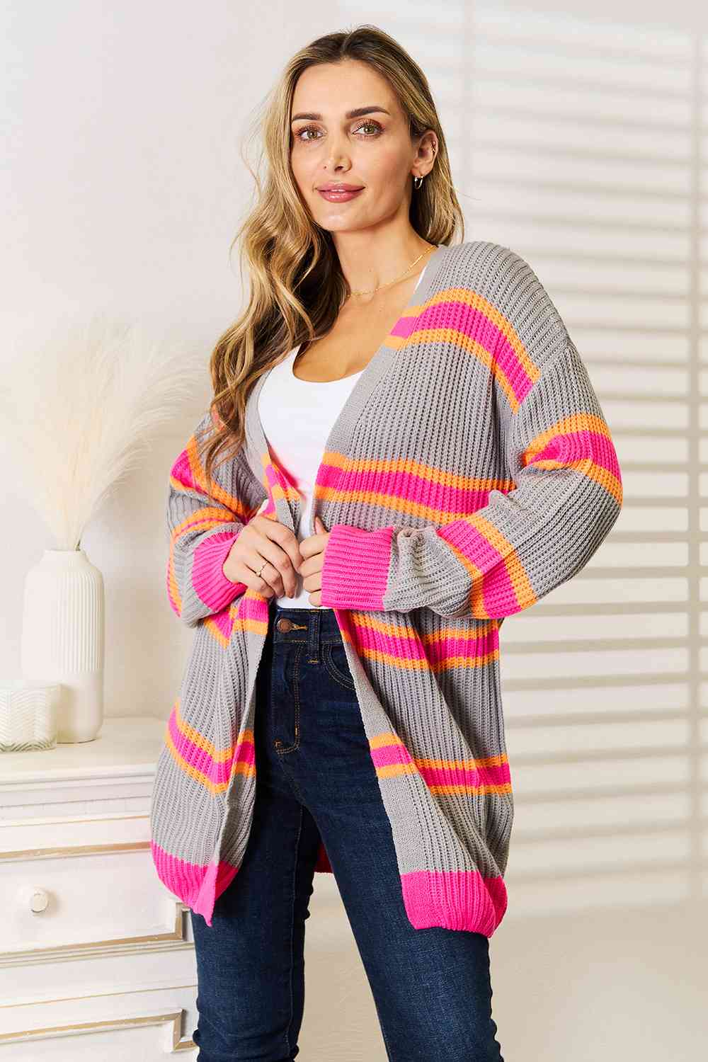 Pink and Orange Woven Stripe Right Ribbed Long Sleeve Cardigan