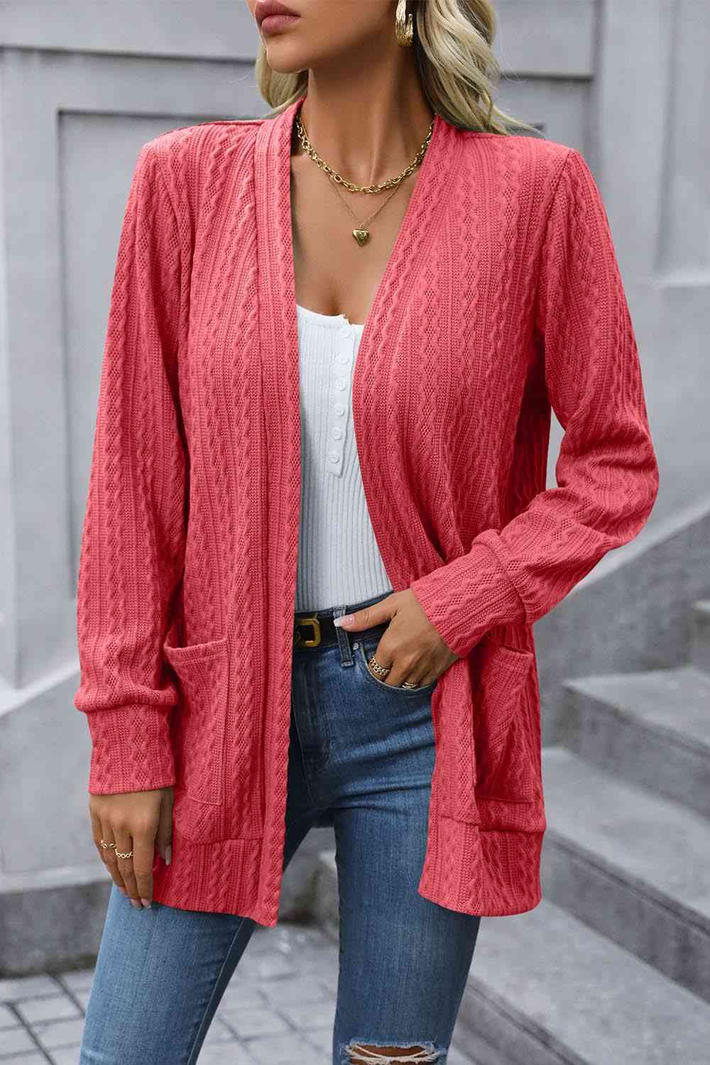 Tiny Basic Cable-Knit Long Sleeve Cardigan with Pocket