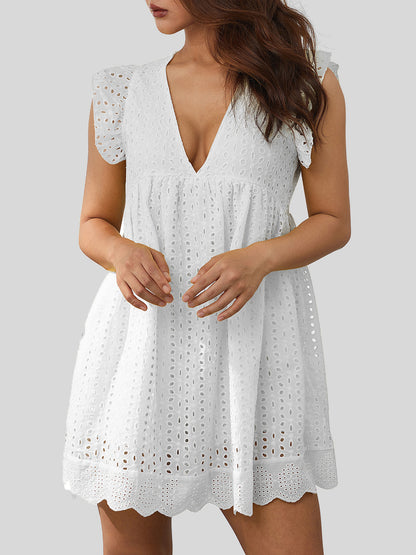 Ruffled Eyelet Cap Sleeve Short Mini Dress