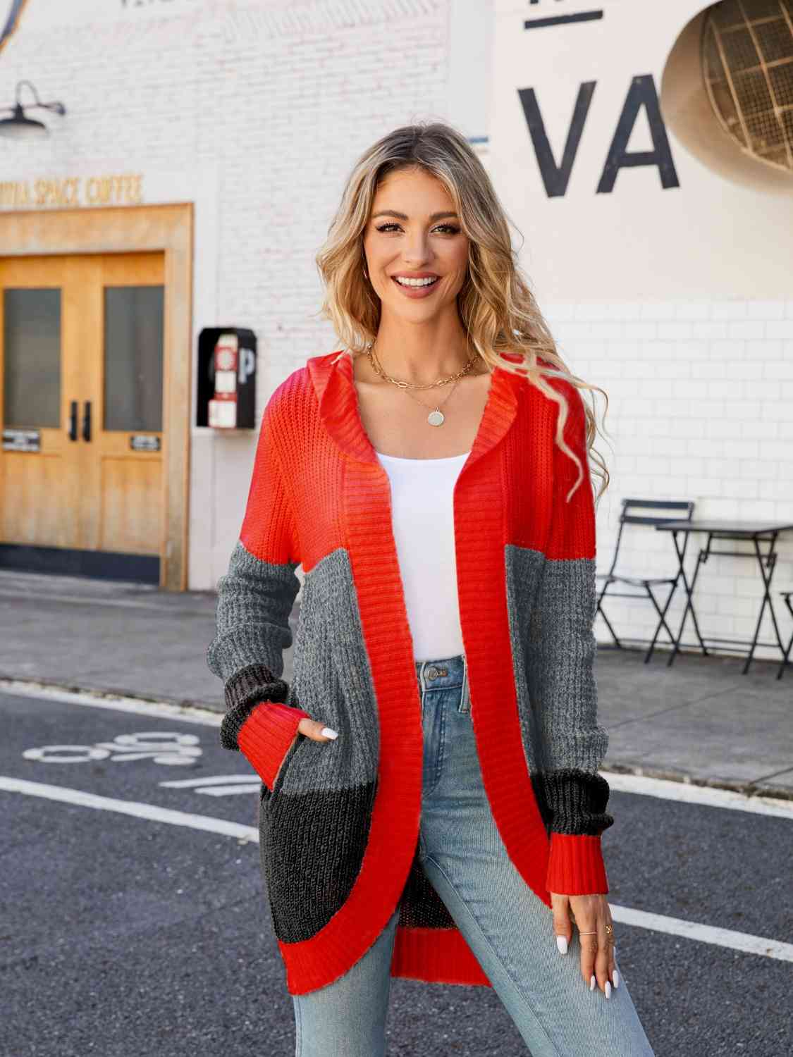 Color Block Warm Basic Open Front Hooded Cardigan