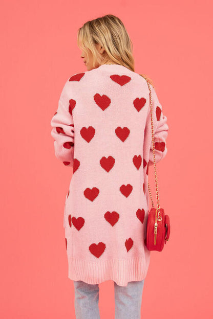 Heart Graphic Patterned Open Front Cardigan with Pockets