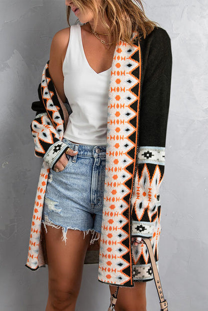 Geometric Indian Pattern Open Front Long Sleeve Cardigan