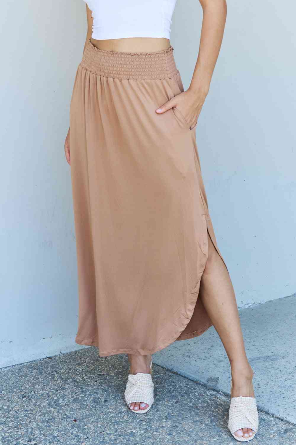 Comfort Easycare Princess Full Size High Waist Scoop Hem Maxi Skirt in Tan
