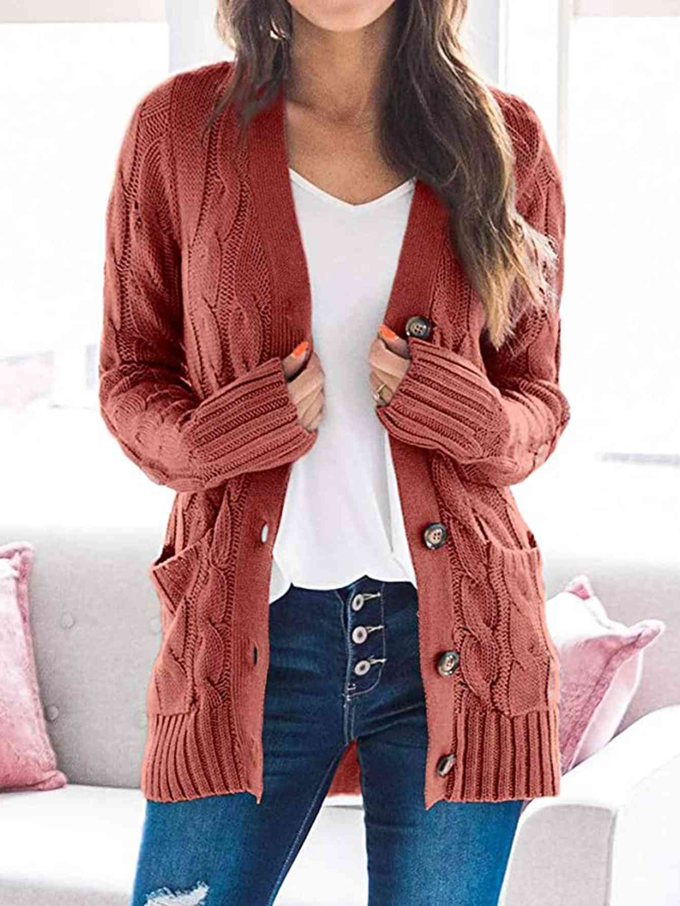 Husband and Wife night Dating Cable-Knit Buttoned Cardigan with Pockets