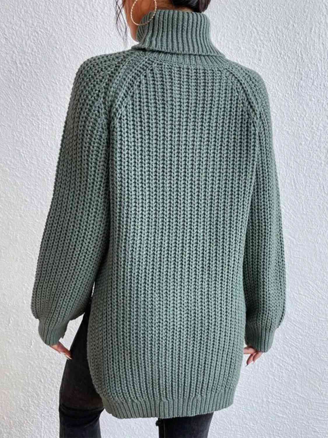 Full Size Turtleneck Rib-Knit Old Classic Forever Slit Sweater