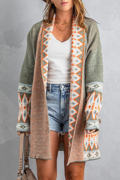 Geometric Indian Pattern Open Front Long Sleeve Cardigan