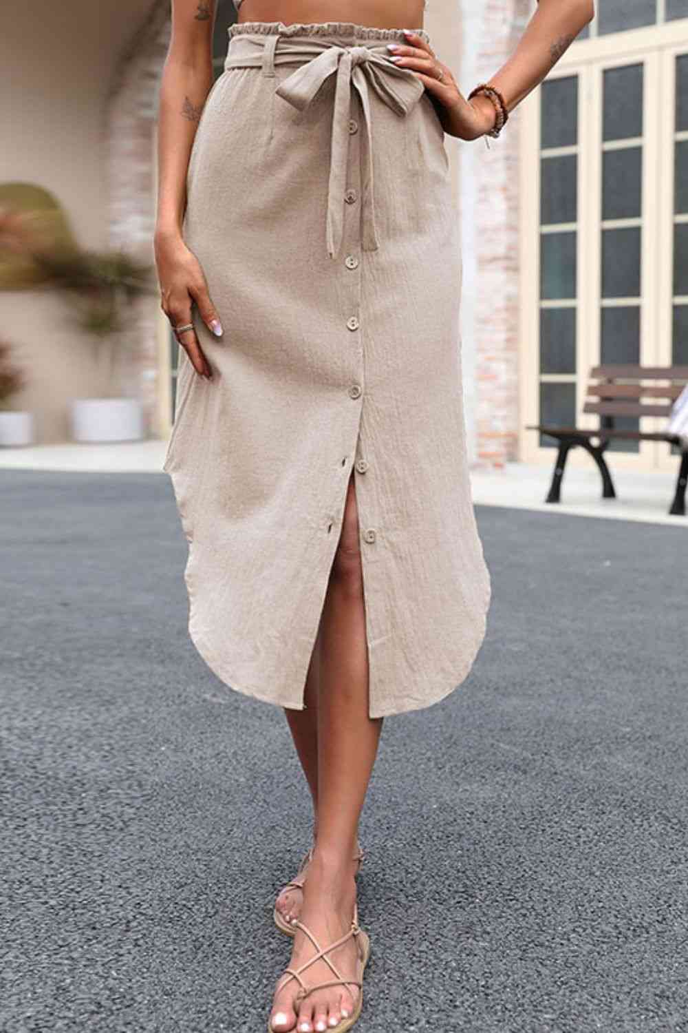 Natural Fabric Tied Belt Frill Trim Buttoned Skirt