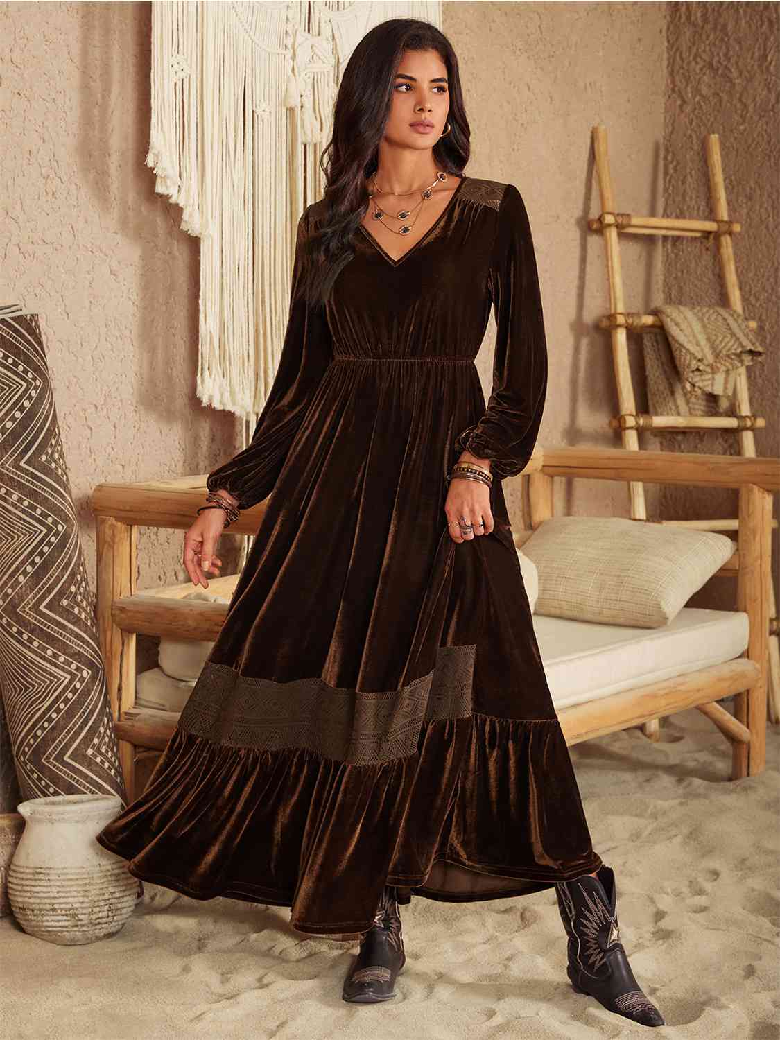 Chocolate Brown Velvet trim Ruffled V-Neck Long Sleeve Dress