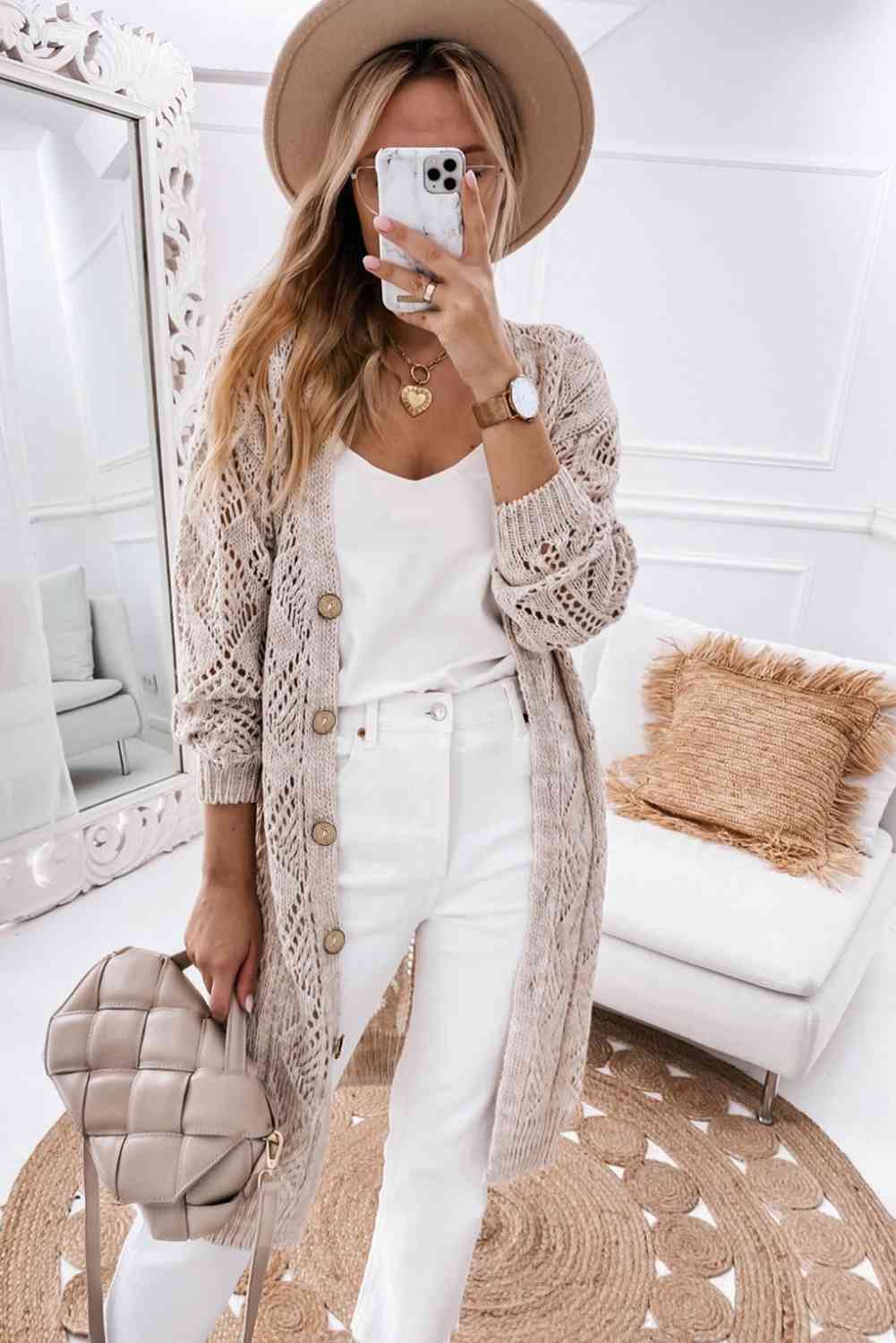 V-Neck Natural Chic Outfit Stone Long Sleeve Cardigan