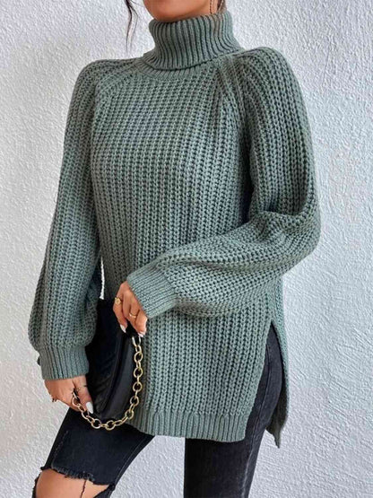 Full Size Turtleneck Rib-Knit Old Classic Forever Slit Sweater