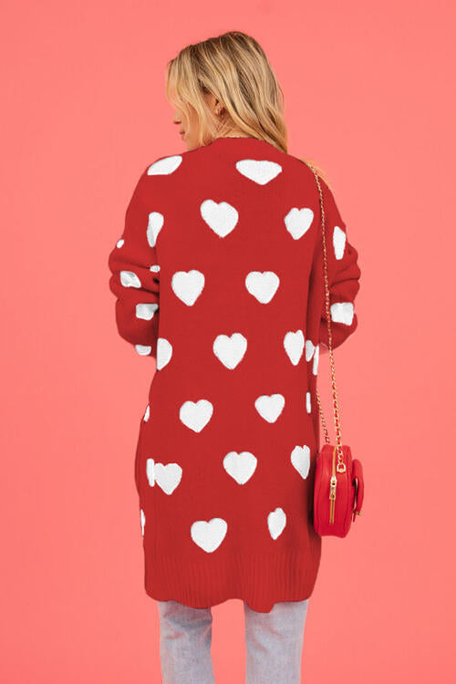 Heart Graphic Patterned Open Front Cardigan with Pockets