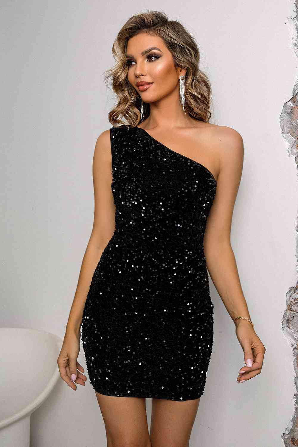 Dance with Me Sequin Lace-Up One-Shoulder Bodycon Dress