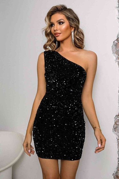 Dance with Me Sequin Lace-Up One-Shoulder Bodycon Dress