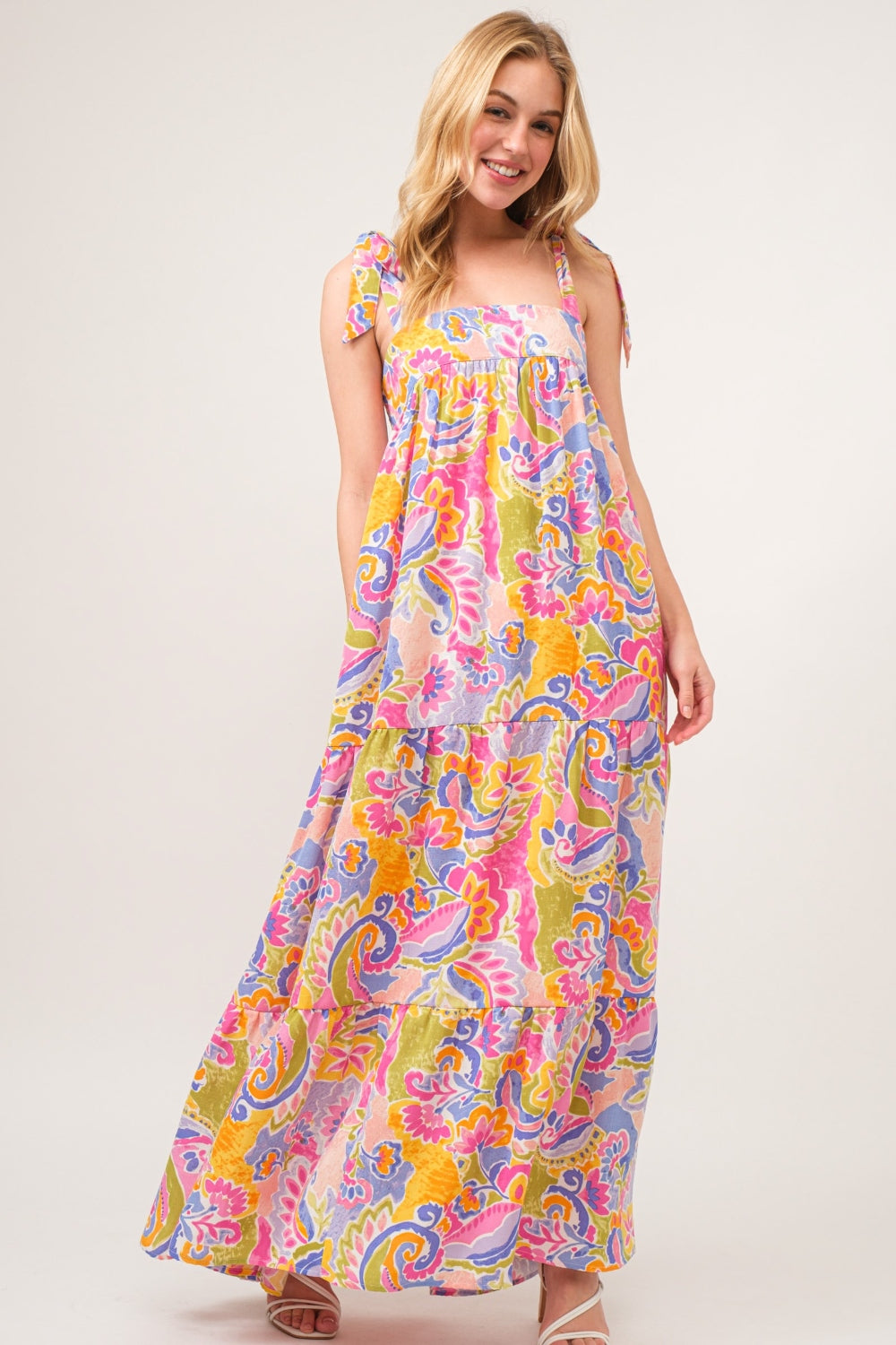 Multi Color Floral Printed Tie Shoulder Tiered Maxi Dress