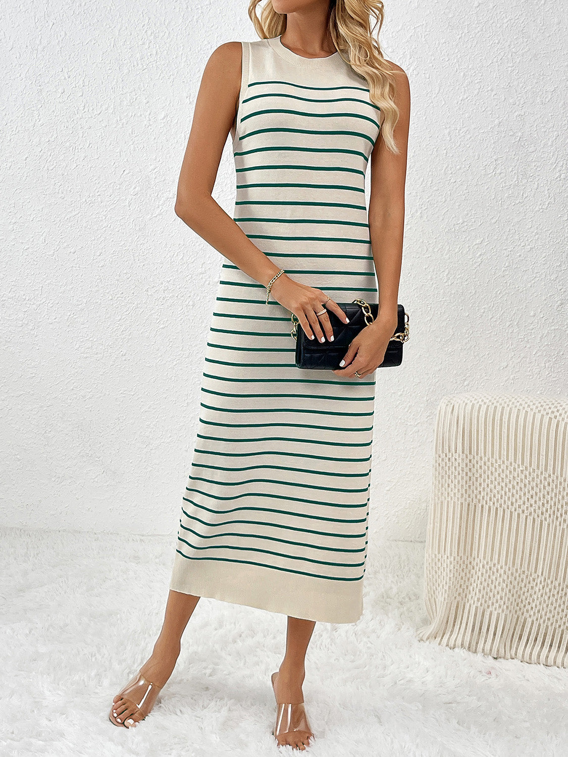 Stipe Casual Round Neck Sleeve Midi Knit Dress