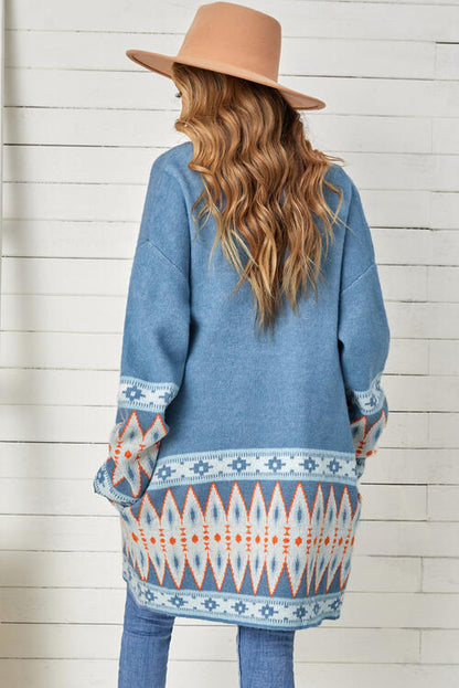 Geometric Indian Pattern Open Front Long Sleeve Cardigan