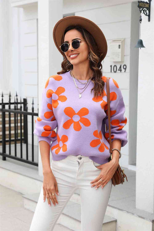Daisy Miso Floral Print Round Neck Dropped Shoulder Pullover Sweater