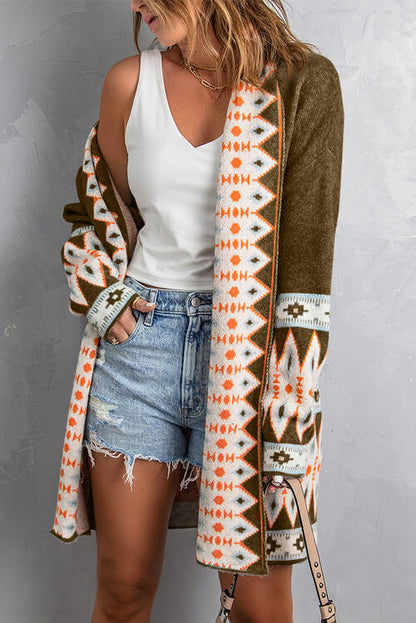 Geometric Indian Pattern Open Front Long Sleeve Cardigan