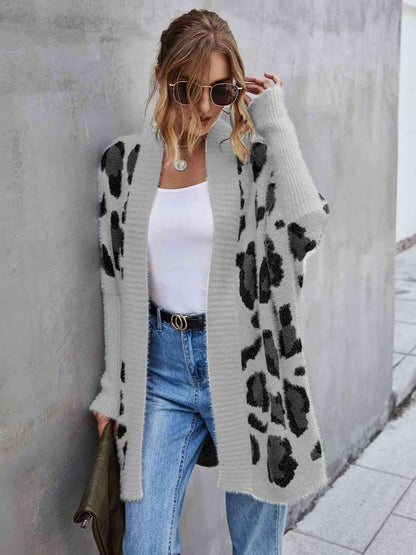 White Brown Animal pattern Contrast Leopard Pattern Sands Fuzzy Cardigan