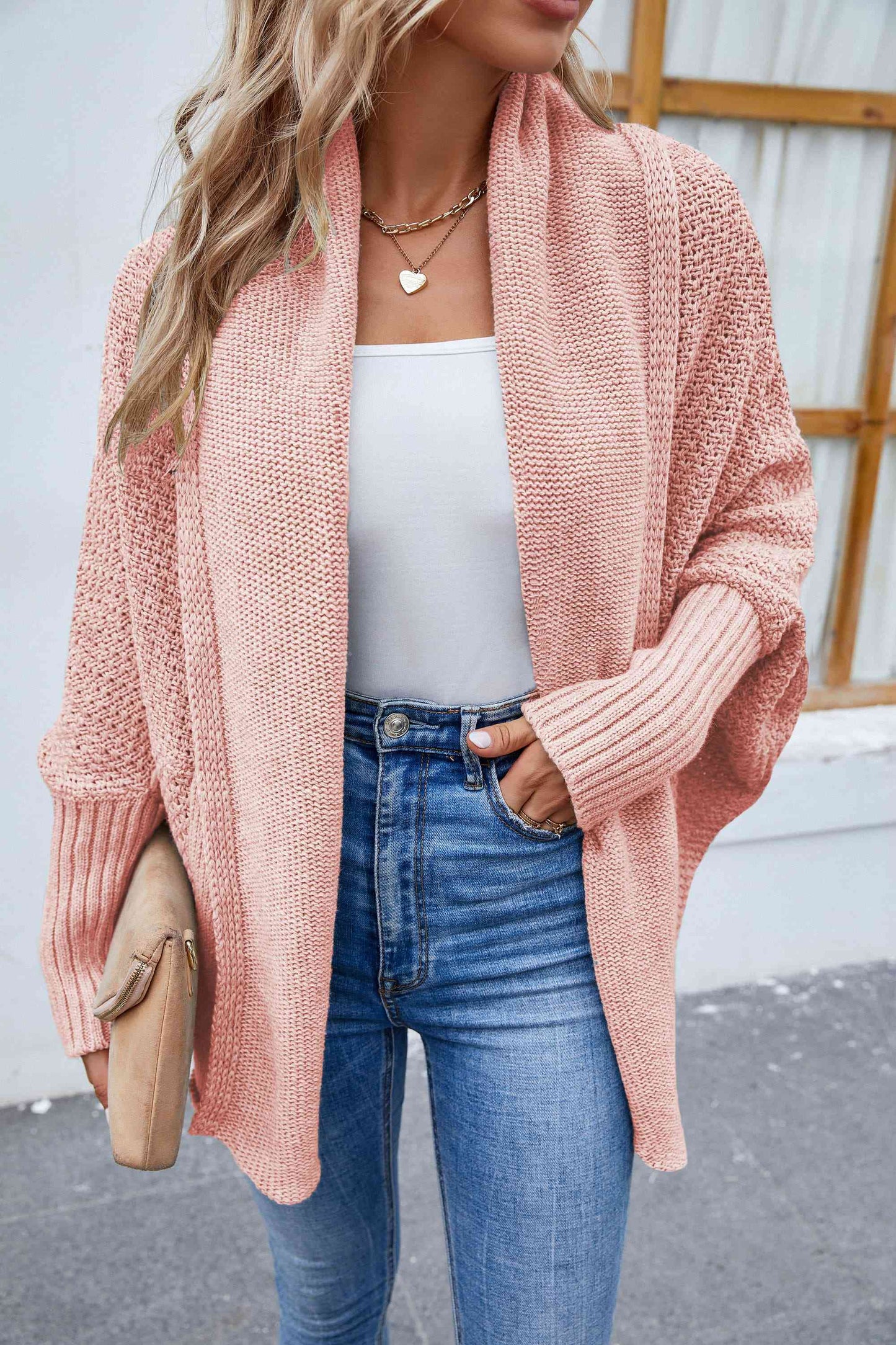 Deep Double Layered Shoulder Feeling Open Front Long Sleeve Cardigan