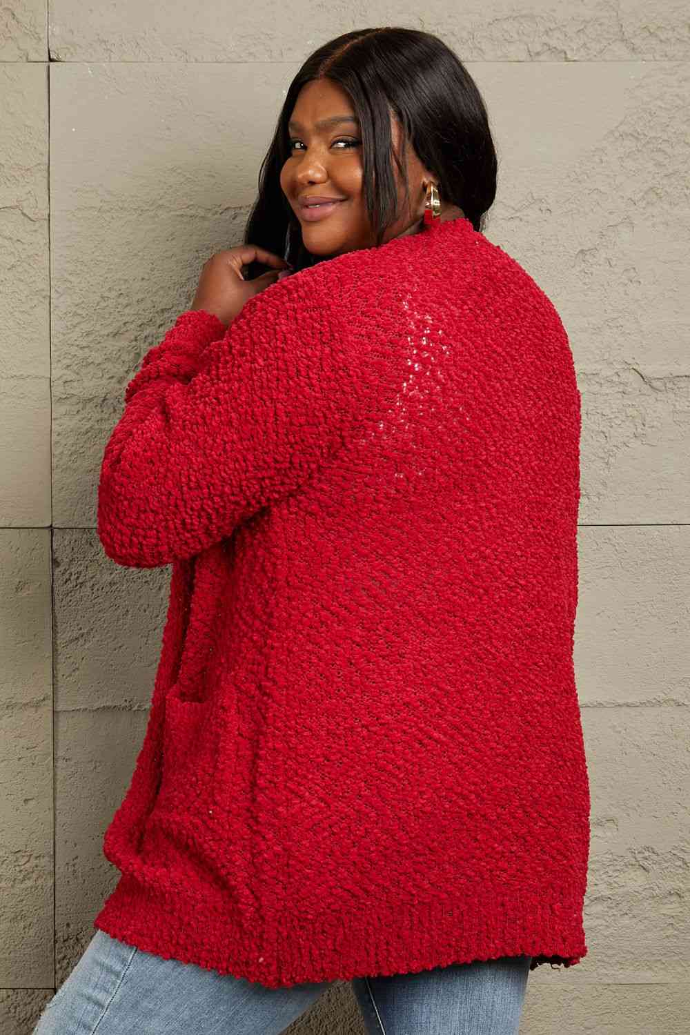 Deep Red Zenana Falling puff fur Full Size Open Front Popcorn Cardigan