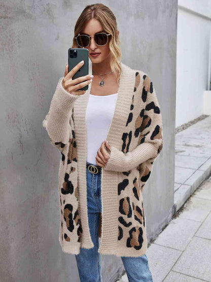 White Brown Animal pattern Contrast Leopard Pattern Sands Fuzzy Cardigan