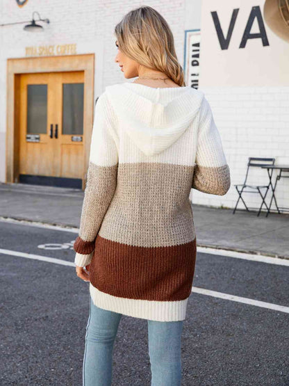 Color Block Warm Basic Open Front Hooded Cardigan