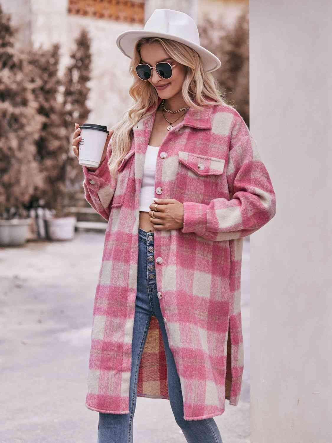 Pink and Light Blue Big Plaid Spring/Fall Dropped Shoulder Slit Shirts Cardigan Coat