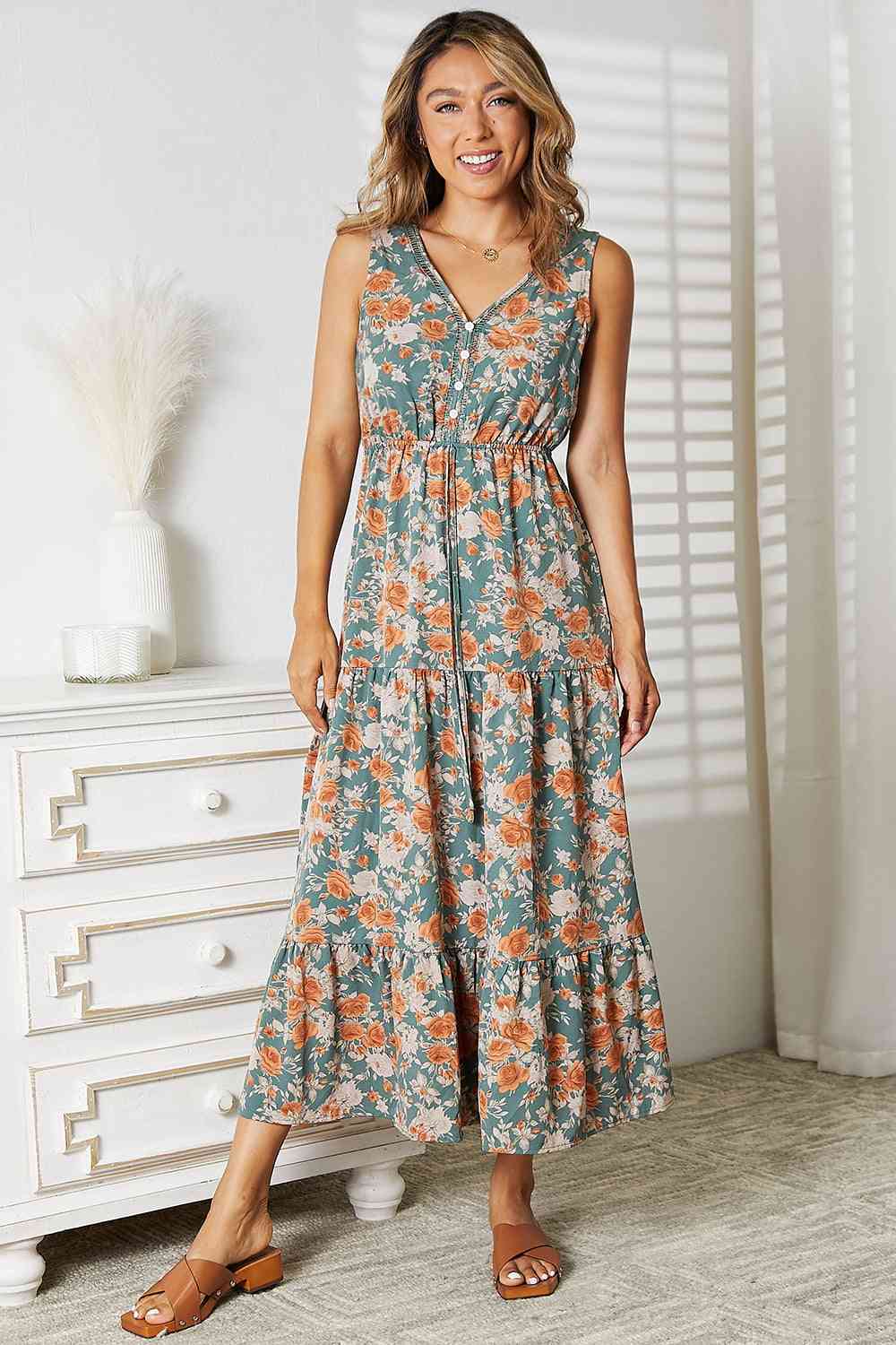 Calm Mid Sounds Double Take Floral V-Neck Tiered Sleeveless Dress